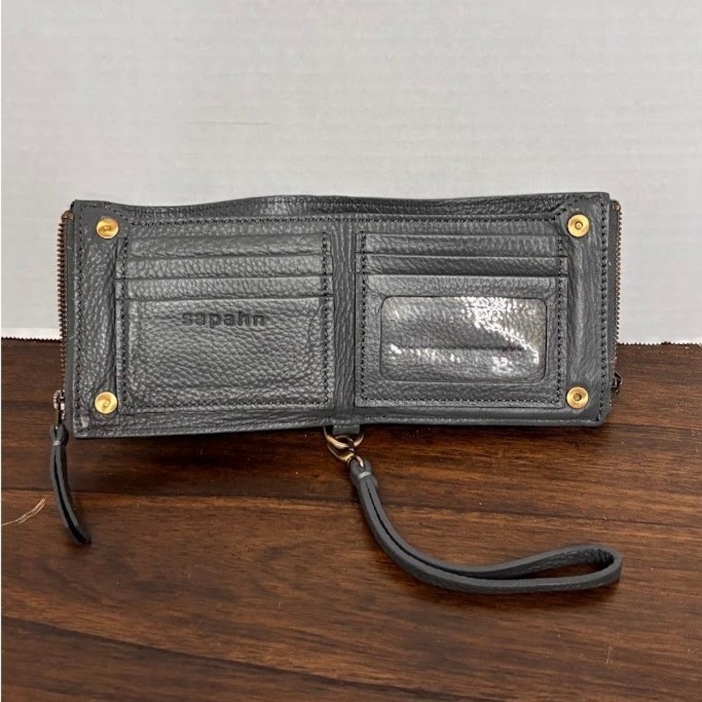 Sapahn Noelle Wristlet Charcoal Gray Pebbled Leather Bifold Wristlet Floral Line